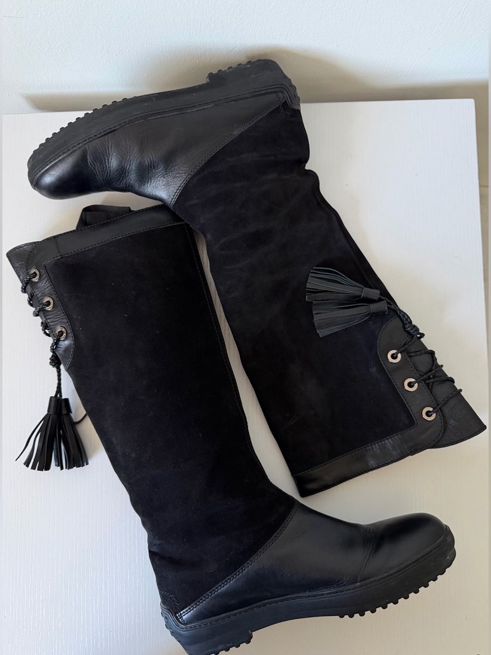 Tod’s Black Suede & Leather Below-the-Knee Boots – Size EU 38.5